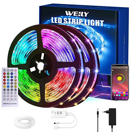 WEILY Tiras LED 15M, Bluetooth RGB Tiras de Luces LED Control de aplicación tira led inteligente Flexible RGB Cambio de Color Música Sincronización Tira de luces led - 2x7.5m Bluetooth