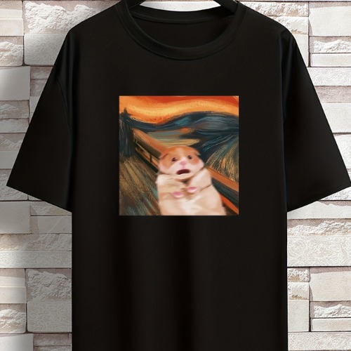 Camisetas para hombres, camiseta estampada con una divertida imagen de un hámster en la pintura El Grito, camiseta de manga corta y cuello redondo cas