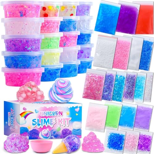 Crystal Unicorn Slime Kit for Girls 4-12, All-in-one Set Butter Slime,Glimmer Crunchy Slime, Galaxy Slime,Foam and Jelly Beans Slime Suitable for Kids Education, Party Favors and Birthday Gifts - unicorn slime kit