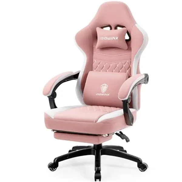 Dowinx Chaise Gaming Tissu avec Coussin à Ressorts ensachés, Fauteuil de Gamer Massage avec Repose-Pieds, Chaise Ergonomique pour PC Gamer Chaise de Bureau capacité de Charge 150 kg,Rose