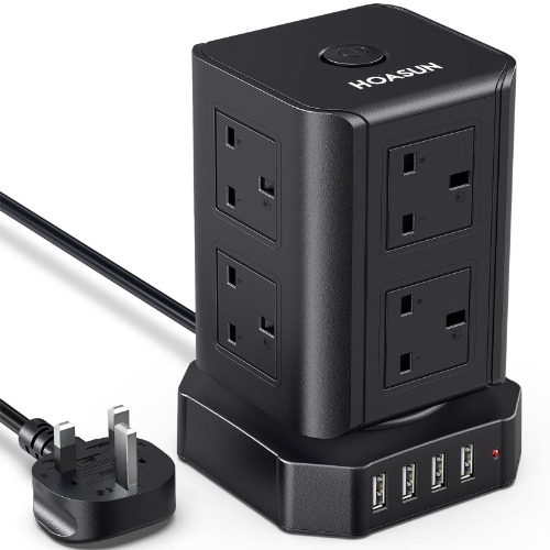 Tower Extension Lead with USB Slots, [3250W/13A] 10FT Extension Cable, Surge Protected Extension Lead with 8 AC Outlets & 4 USB Ports, USB Extension lead for Home, Office, Kitchen, Black