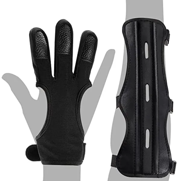 MARRTEUM 2 Pcs Archery Glove & Arm Guard Kit Leather PU Archery Bracer Three Finger Guard Protective Gear Accessories for Men Women & Youth