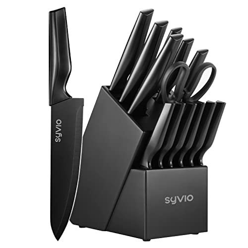 syvio Knife Sets for Kitchen with Block, 14 Piece with Built-in Sharpener for Chopping, Slicing, Dicing&Cutting - Black