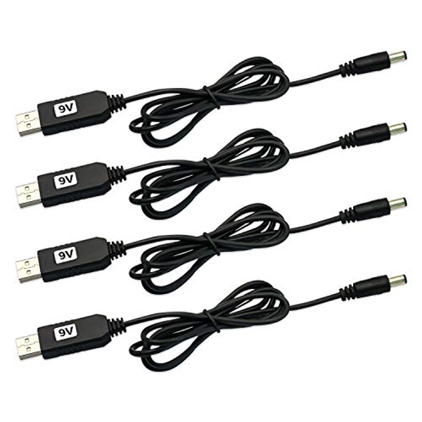 V TELESKY 4 Pack USB to DC Power Cable, 5V to 9V Step Up Charging Converter with 5.5 x 2.1mm Plug Barrel Jack for Devices That Need to be Converted to 9V Power（Black，3.3Feet/1Meter）