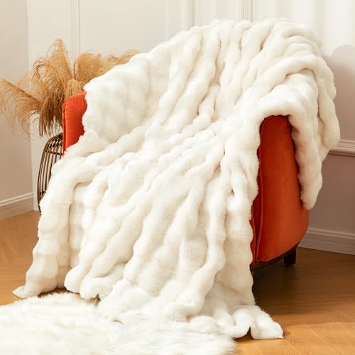 BENVWE Faux Fur Throw Blanket Fleece Bubble Blanket, Soft,Cozy and Thick Blanket Plush Fluffy Blanket for Couch Chair Bed 51x63 Inches White - White