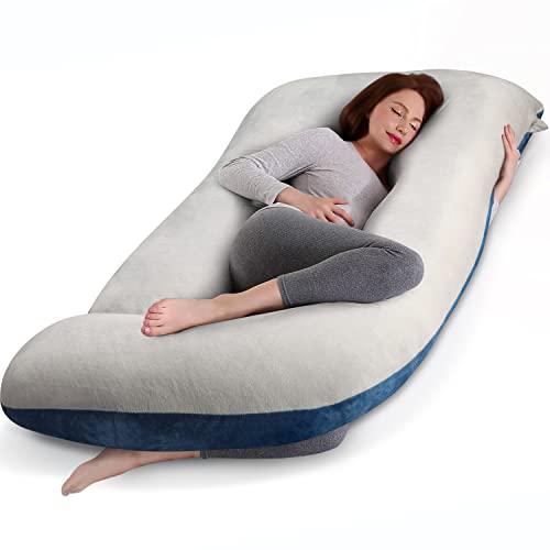cauzyart Pregnancy Pillows for Sleeping 55 Inches U-Shape Full Body Pillow and Maternity Support - for Back, Hips, Legs, Belly for Pregnant Women with Removable Washable Velvet Cover - Gray & Blue