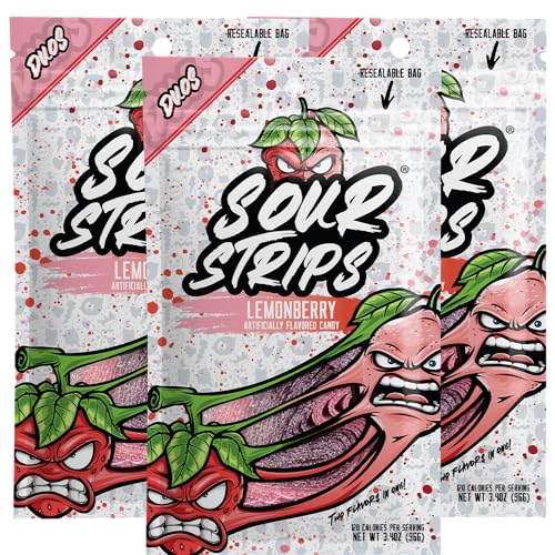 Sour Strips Flavored Sour Candy Strips, Deliciously Sour Chewy Candy Belts, Vegetarian Candies, 3 Pack (Lemonberry (3-Pack)) - Lemonberry (3-Pack)