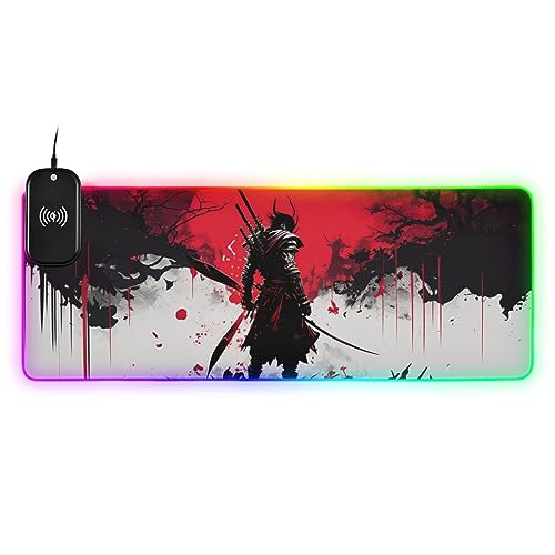 AIXIWAWA (Japanese Samurai Art Wireless Charging Mouse Pad 15w RGB Glowing Mouse Soft Mat Large Oversized Gaming Keyboard Pad for Desk - 31.5×11.8×1.2in