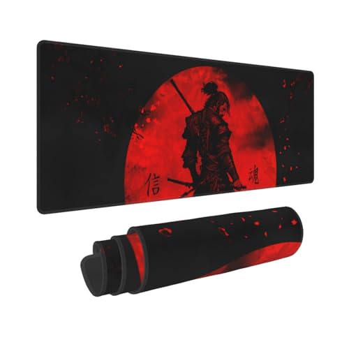 Japanese Samurai Cool Anime Red and Black Flower Mouse Pad XL Extended Mat, Non Slip Rubber Base Stitched Edge Gaming Pc Desktop Large Mice Pad 31.5 X 11.8 Inch - Black18