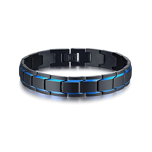 VNOX Personalized Stainless Steel Link Bracelet for Men Elegant Two-Tone Square Link Chain Bracelet for Men Dad Wristband Adjustable - Blue-Black - Plain Link