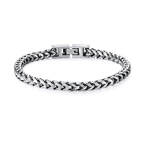 LUCKY2+7 Mens Bracelet - Stainless Steel Fold Over Clasp Franco Chain Bracelets Mens Jewelry Gifts for Dad Grandpa Boyfriend Husband Son Brother - Silver