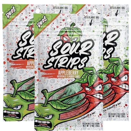 Sour Strips Flavored Sour Candy Strips, Deliciously Sour Chewy Candy Belts, Vegetarian Candies, 3 Pack (Appleberry (3-Pack)) - Appleberry (3-Pack)