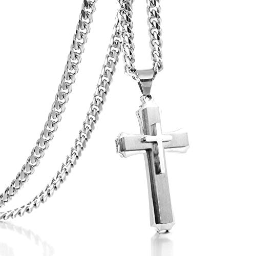 W/W Lifetime Cross Necklace for Men Boys Pendant Necklace Stainless Steel Double Cross Necklace with 24 inches Cuban Link Chain - Silver