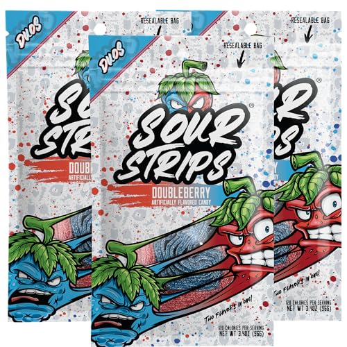 Sour Strips Flavored Sour Candy Strips, Deliciously Sour Chewy Candy Belts, Vegetarian Candies, 3 Pack (Doubleberry (3-Pack)) - Doubleberry (3-Pack)