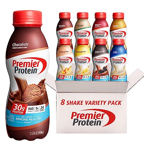Premier Liquid Protein Shake Can, 8 Flavor Variety Pack, 30g Protein, 1g Sugar, 24 Vitamins & Minerals, Nutrients to Support Immune Health 11.5 Fl Oz (8 Pack), kosher - Variety Pack