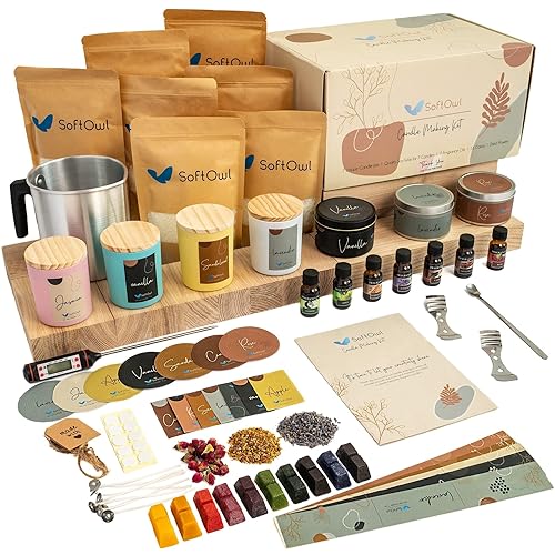 SoftOwl Premium Soy Candle Making Kit - Full Set - Soy Wax, Big 7oz Jars & Tins, 7 Pleasant Scents, Color Dyes & More - Perfect as Home Decorations - DIY Starter Scented Candles Making Kit - Candle Making Kit