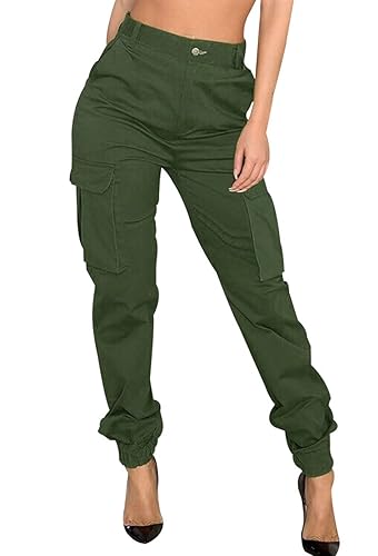 Women's Cargo Jogger Camo Pants with Pockets High Waist Slim Casual Tapered Camouflage Combat Hiking Pants - X-Large - Armygreen12314
