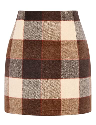 IDEALSANXUN Womens High Waist Plaid Skirt Bodycon Pencil Wool Mini Skirts - X-Large - Dark Brown