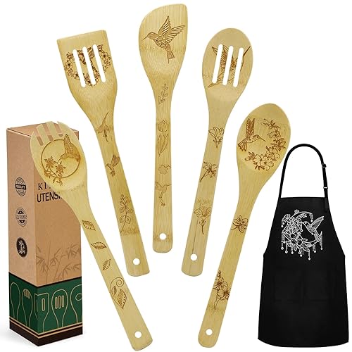 Hummingbird Gifts for Women, Kitchen Decor Cooking Utensils Set include Unique Bamboo Cooking Spoons Apron, Personalized Christmas Mother's Day Housewarming Gift Idea for Mom - Hummingbird