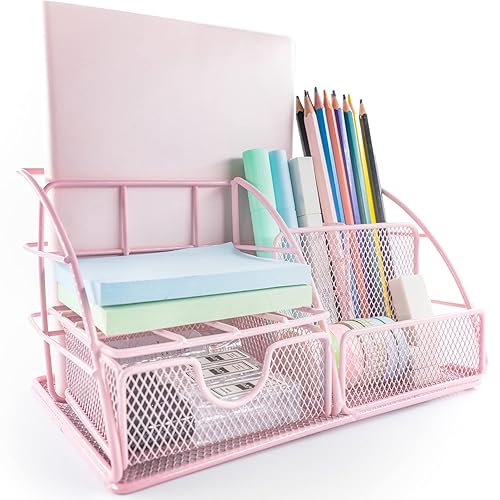 AUPSEN Pink Desk Organizer for Women, Mesh Office Supplies Desk Accessories, Features 5 Compartments + 1 Mini Sliding Drawer - Pink