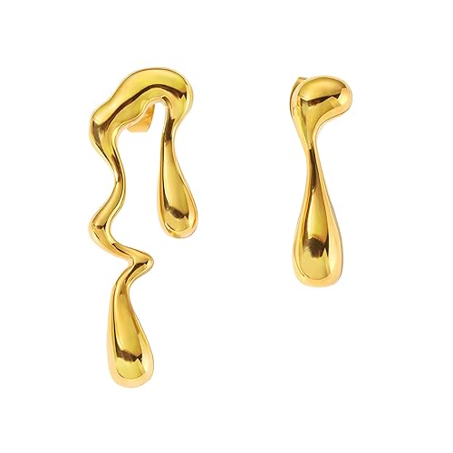 Irregular Waterdrop Earrings Mismatched Earrings, Melting Liquid Asymmetrical Stainless Steel Drop Earrings, Gold Statement Earrings for Women - Gold