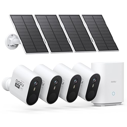 AOSU 5MP Solar Security Cameras Outdoor Wireless, Ultra HD Video Home Security System 4-Cam Kit with 166° Ultra Wide Angle, Cam-to-Cam Sync, Color Night Vision, Spotlight & Siren, No Monthly Fees - 4-Cam-Kit
