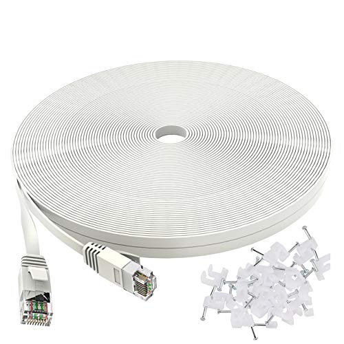 Cat 6 Ethernet Cable 200 Ft, Outdoor&Indoor, 10Gbps Support Cat7 Network, Slim long Flat Internet LAN Patch Cord, Cat6 Solid High Speed weatherproof Cable for Router, Modem, PS4/5, Xbox, Gaming, White - 200ft - White