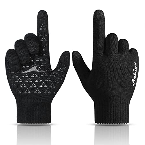 Achiou Winter Gloves for Men Women, Touch Screen Texting Warm Gloves with Thermal Soft Knit Lining,Elastic Cuff 3 Size Choice - Black - Medium