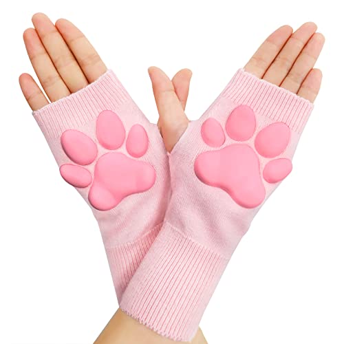 Littleforbig 3D Paw Pad Silicone Kitten Fingerless Knitted Warm Stretchy Breathable Cashmere Gloves - Pink