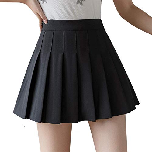 Girls Women High Waisted Pleated Skirt Plain Plaid A-line Mini Skirt Skater Tennis School Uniform Skirts Lining Shorts - Large - Black