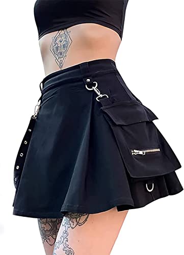 FIDDY898 Women’s High Waisted Goth Skirt Black Mini Skirts with Chain Short A-line Pleated School Tennis Skirt Dress - Medium - Punk Black