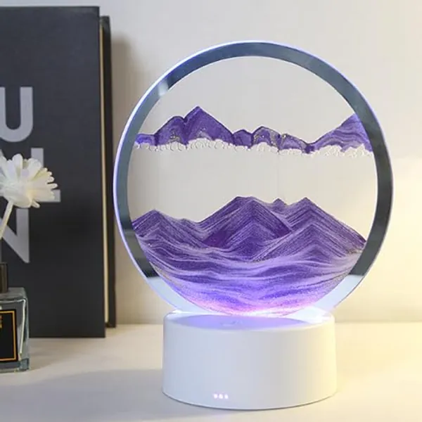 BringLED Moving Sand Art Liquid Motion, with Light(7 Color/Touch Control), Round Glass Flow Sand Painting, Desktop Quicksand Decor - Relaxing Sensory for Home & Office (Purple Sand) - Sand Art Lighted (Purple)