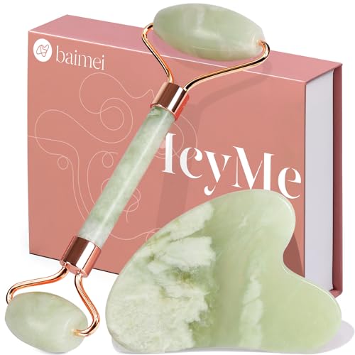 BAIMEI Jade Roller & Gua Sha Set Face Roller and Gua Sha Facial Tools for Skin Care Routine and Puffiness, Self Care Gift for Men Women - Light Green - Light Green