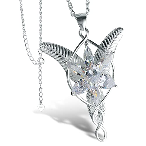 Bahamut 925 Sterling Silver Lord of The Ring Arwen Evenstar Pendant Necklace with 5A Cubic Zirconia, Princess of the Elves Jewelry for Women Mom Girls Wife Girlfriend - Silver