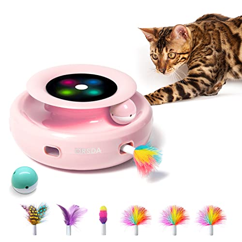 ORSDA Cat Toys 2-in-1 Interactive Cat Toys for Indoor Cats, Automatic Cat Toy Balls, Ambush Feather Kitten Toys with 6pcs Attachments, Dual Power Supplies, Auto On/Off (Upgraded Version) - Cherry Blossom Pink