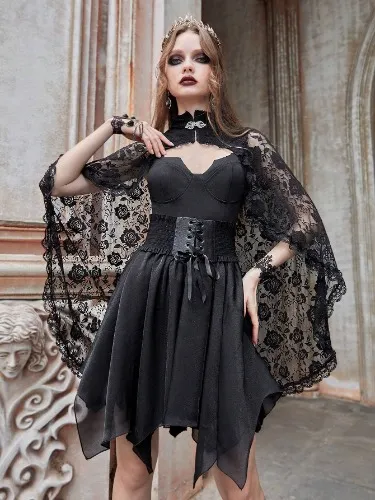 Goth Contrast Lace Cloak Sleeve Mesh Top