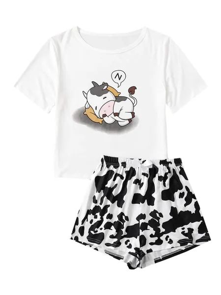 WDIRARA Women's Cartoon Cow Print Short Sleeve Tee and Shorts Pajama Set
