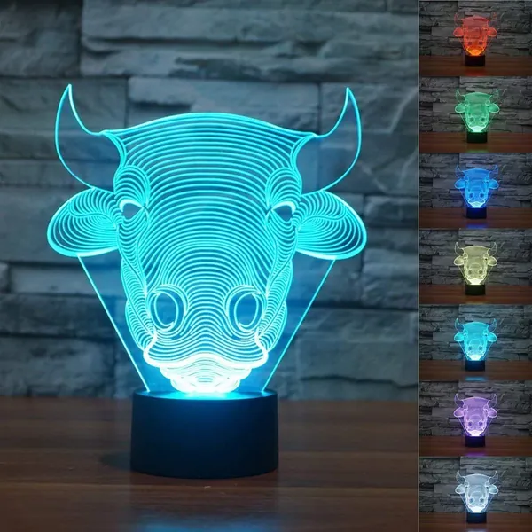 Bull Cow 3D Led Lamp,Abstractive Optical Illusion Night Light,7 Color Change,Touch Switch USB Powered