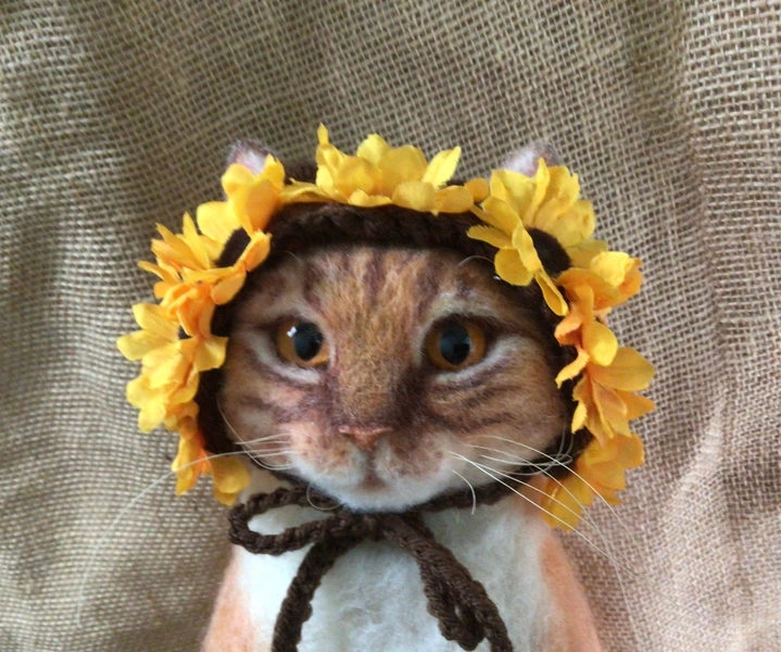 Sunflowers, sunflower hat, hats for cats, crochet hat, cat hats, cat costumes, flower hat, pet costumes, autumn, flowers, crochet