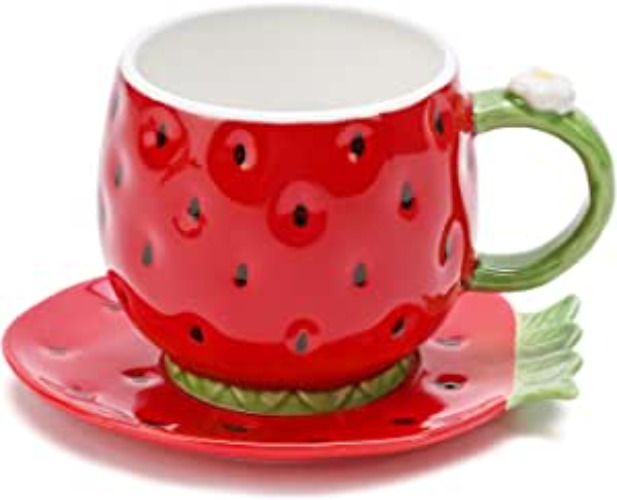 Noviko Ceramic Tea Cup and Saucer Coffee Mug Strawberry Coffee Cup with Saucer - 8 Ounce (Red) - Red