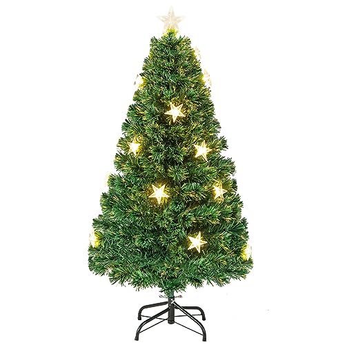 Goplus 4ft Fiber Optic Artificial Christmas Tree, Pre-Lit Christmas Tree with 15 Star LED Lights, 8 Lighting Modes, 135 Branch Tips, Foldable Metal Base, Lighted Xmas Tree for Home Office Decor - 4FT - Warm-white