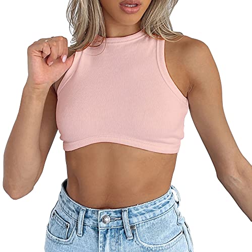 Dwnval Sexy Sleeveless Crewneck Ribbed Knitted Tank Crop Tops for Women - Light Pink - X-Small