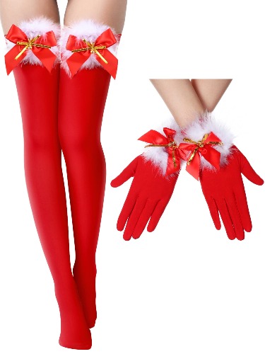 Christmas Bow Top Thigh Highs Long Red Thigh High Stockings and Costume Gloves Red Gloves Outfit for Women - 