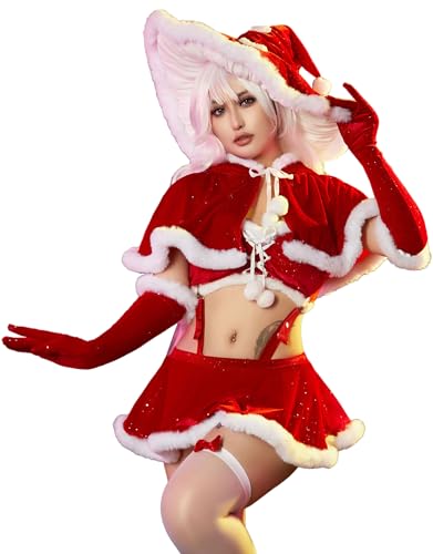 Mobbunny Womens Christmas Lingerie Set Velvet Top Panty and Skirt Little Red Hooded Cloak Cape with Mushroom Hat Cosplay - Small - Red