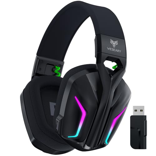WESEARY WG1 Cuffie Gaming Wireless, 2,4 GHz con Microfono per PS5, PS4, PC, Switch, Mac, Mobile, Stereo 7.1, Bluetooth Over Ear con Luce RGB, Batteria da 50 Ore - Un nero di lusso