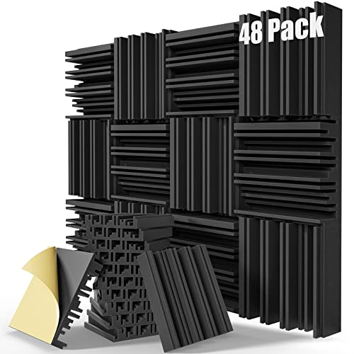 ZELMINE Upgrade 48 pack Self-adhesive Sound Proof Foam Panels,12" X 12" X 2" Acoustic Panels with High Density,Decorative Soundproof Wall Panels Studio Sound Absorbing Foam for Wall and Ceiling(Black） - 2 Inch 48 Pack - Black