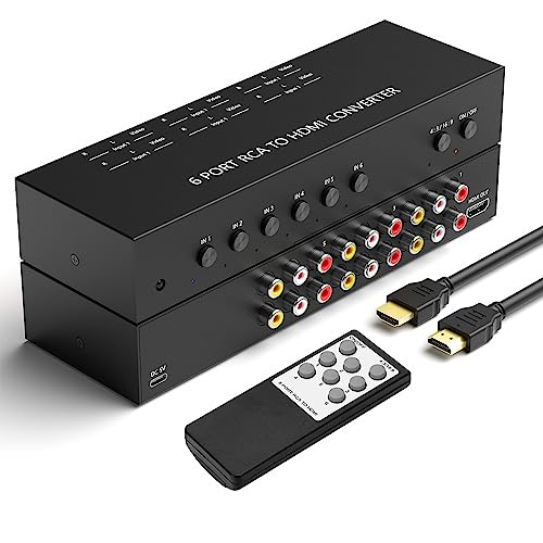 ZUZONG 6 Way RCA to HDMI Converter 1080P/720P RCA Composite CVBS AV Switch to HDMI Converter Adapter Support 4:3/16:9 Switch for Sega Xbox PS1 PS2 PS3 N64 NGC SNES WII VHS VCR Camera DVD - 6 Way RCA Converter