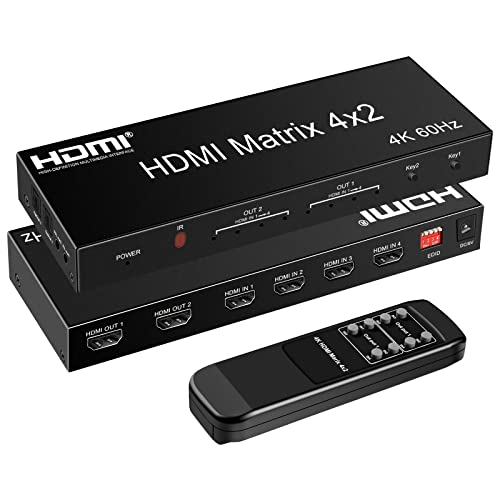 FERRISA 4x2 HDMI Matrix, 4K@60Hz 4 in 2 Out HDMI Switch Splitter with IR Remote, HDMI Matrix Switch + Optical + 3.5mm Audio Output, Support HDMI2.0, HDCP2.2, Auto Downscaler, 3D, Audio Extractor - 4K@60Hz 4x2 HDMI Matrix