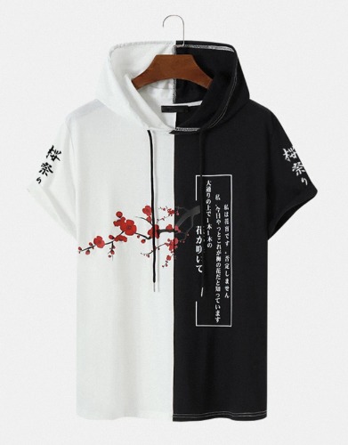 Mens Floral Japanese Print Patchwork Short Sleeve Hooded T-Shirts