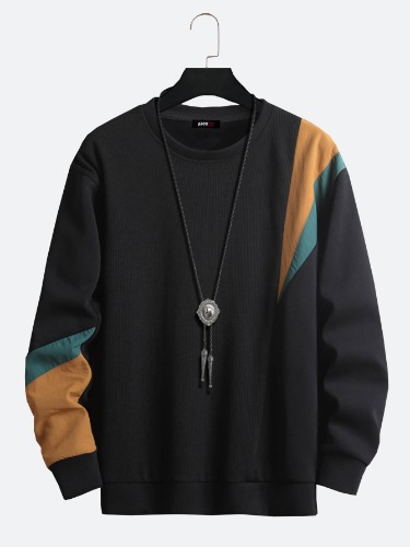 Men New Patchwork Cotton Long-Sleeved Sweatshirt | Black / L